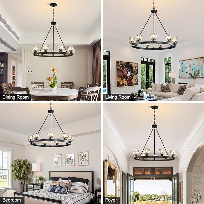Black Wagon Wheel Chandelier, 36 Inch Black Chandeliers with Unique Glass Shade, 9-Light Crystal Farmhouse Wagon Wheel Chandeliers for Dining Room, Round Chandelier for Living Room, Foyer, Entryway