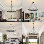 Black Wagon Wheel Chandelier, 36 Inch Black Chandeliers with Unique Glass Shade, 9-Light Crystal Farmhouse Wagon Wheel Chandeliers for Dining Room, Round Chandelier for Living Room, Foyer, Entryway