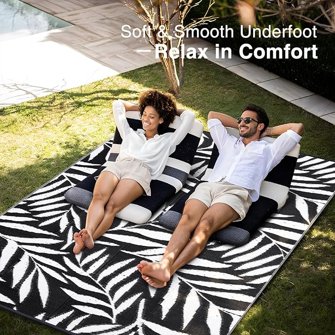 OLANLY Waterproof Outdoor Rug 8x10 ft, Reversible Outdoor Plastic Straw Rug with Leaf Pattern, RV Mat, Indoor Outdoor Carpet for Patio, Camping, Balcony, Deck, Backyard, Black & White