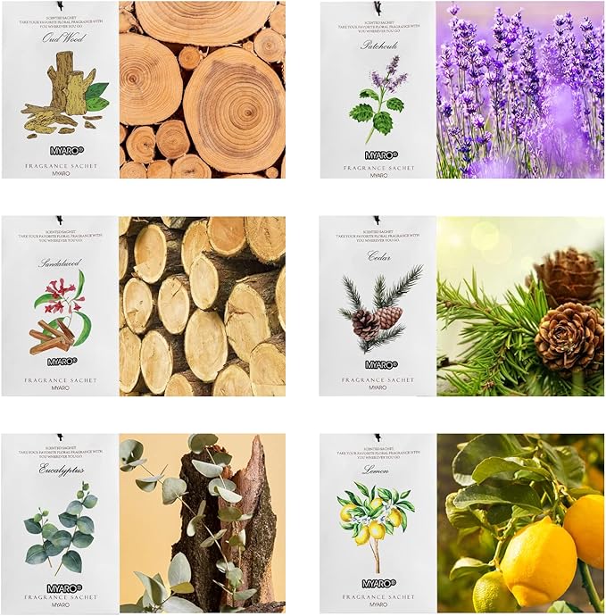 MYARO 12 Pcs Scented Sachets for Drawer and Closet, Long-Lasting Air Freshener Sachets Bag, Closet Deodorizer Potpourri Bags, 6 Fresh Scents - Cedar, Sandalwood, Lemon, Eucalyptus, Patchouli, Oud Wood