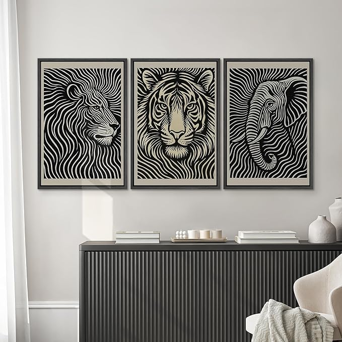 SIGNWIN Framed Canvas Print Wall Art Safari Animal Portrait Lion, Tiger, and Elephant Photography Modern Art Minimalist Black and White for Living Room, Bedroom, Office - 24"x36"x3 Black