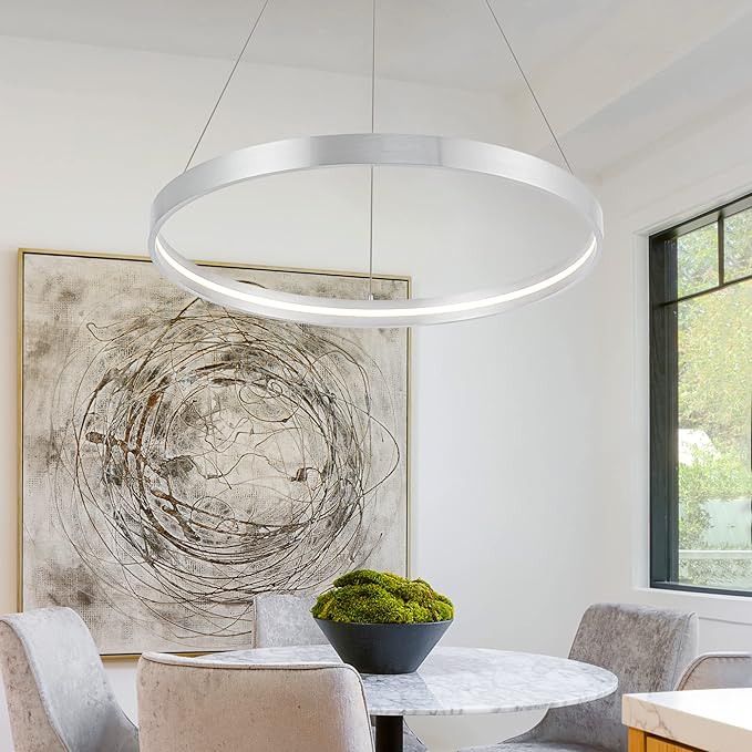Modern Led Chandeliers, Non-Dimmable Contemporary LED Chandeliers 1 Ring, Hanging Led Modern Pendant Light Fixture for Living Room Kitchen Dining Room Office Brush Nickel-3000K/4000K/6000k
