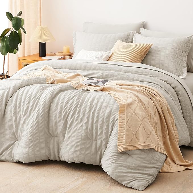 CozyLux Oversized King Comforter Set Beige Seersucker 7 Pieces Bed in a Bag King Comforter Set with Sheets, Luxury Soft Bedding Set with Down Alternative Comforter, Sheets, Pillowcases & Shams