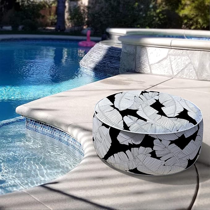 LVTXIII Inflatable Stool Ottoman Footrest with Handle, Indoor or Outdoor Foot Rest for Home Patio Garden and Camping, D21 x H9, Black Lush Leaf Jungle