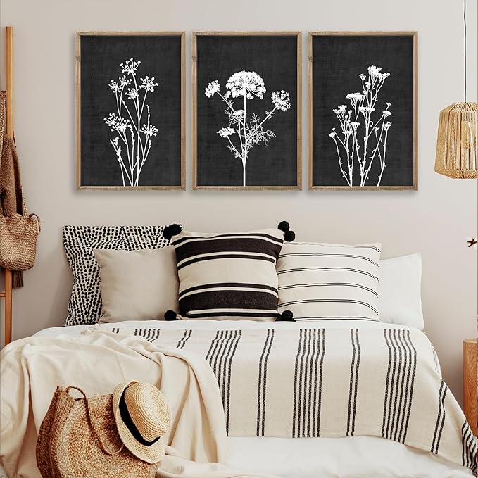 Flower Plant Wall Art Decor 16"x11" Set of 3 Black And White Botanical Painting Wood Framed For Minimalist Bedroom Office Rustic Living Room Abstract Wildflower Sign Hanging (Wood Black)