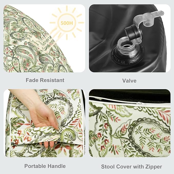 LVTXIII Outdoor Inflatable Ottoman, Fade-Resistant Round Footrest Stool D31”x H14”, Portable Patio Pouf for Garden Camping or Home Use, Faylinn Shadow Paisley