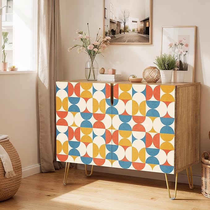 SIGNWIN Sideboard Buffet Cabinet, Kitchen Storage Cabinet with 2 Doors, Vibrant Orange & Blue Polygon, Cupboard Console Table for Dining Room - 35" L x 18" W x 29" H