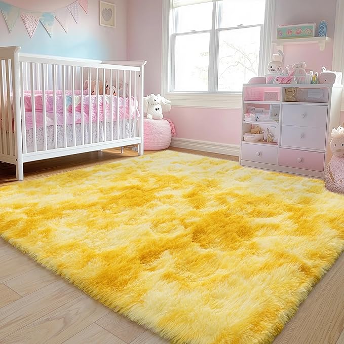Large 8x10 Area Rugs for Living Room, Tie-Dyed Yellow Soft Shag Rug for Bedroom, Non-Slip Ultra Fluffy Rug, Modern Plush Carpet for Girls Boys Kids Room Dorm, Fuzzy Rug for Home Decor Aesthetic