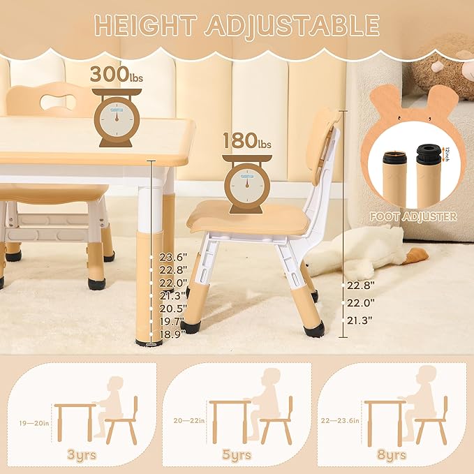 Height-Adjustable Kids Table and Chairs, 31.5''L x 23.6''W Toddler Table and 4 Chairs Set with Anti-Slip Foot Covers, Children Activity Table for Ages 2-10, Graffiti Desktop