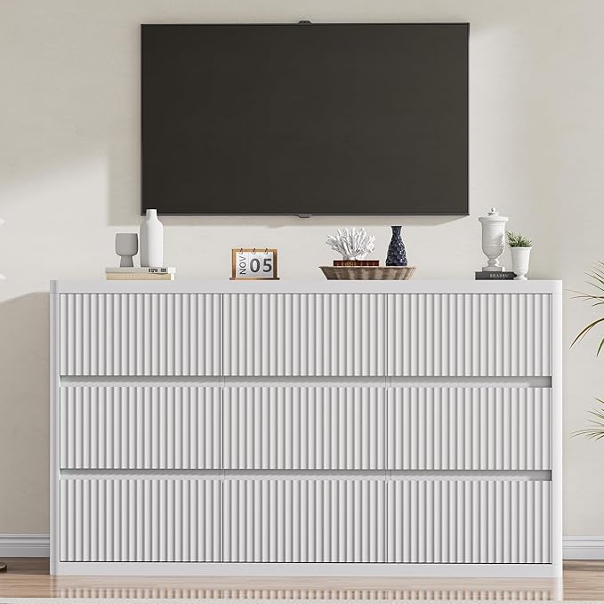 White 9 Drawers Dresser, 57" Wide Fluted Dresser for Bedroom, Modern Chest of Drawers with Curved Profile, Handleless, Wooden TV Stand with Organizer Storage for Living Room, Entryway