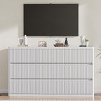 White 9 Drawers Dresser, 57" Wide Fluted Dresser for Bedroom, Modern Chest of Drawers with Curved Profile, Handleless, Wooden TV Stand with Organizer Storage for Living Room, Entryway