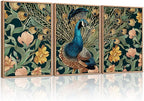 HLNIUC Peacock Framed Canvas Wall Art,Large Peacock Flower Wall Decor Set of 3(16”x24”)Modern Elegance Peacocks Floral Framed Painting,Vintage Beautiful Animal Feather Art Print for Living Room,Office
