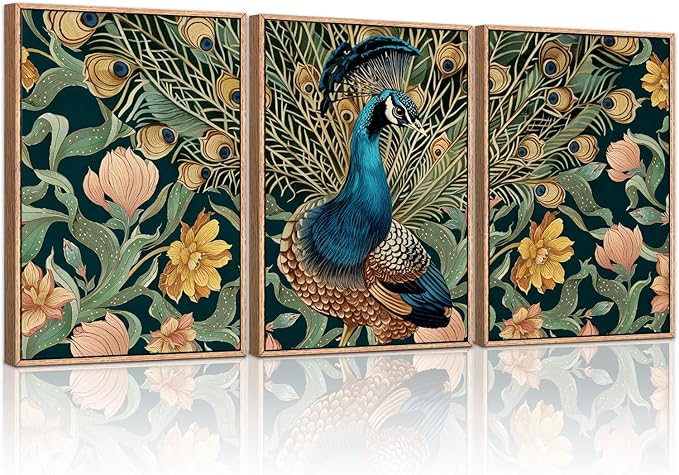 HLNIUC Peacock Framed Canvas Wall Art,Large Peacock Flower Wall Decor Set of 3(16”x24”)Modern Elegance Peacocks Floral Framed Painting,Vintage Beautiful Animal Feather Art Print for Living Room,Office