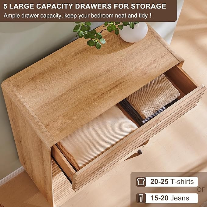 RedLemon 5 Drawers Dresser for Bedroom, 48'' Tall Mid Century Modern Wood Fluted Dresser, Chest of Drawers with Tapered Leg for Bedroom, Living Room, Hallway, Closet,Natural Oak