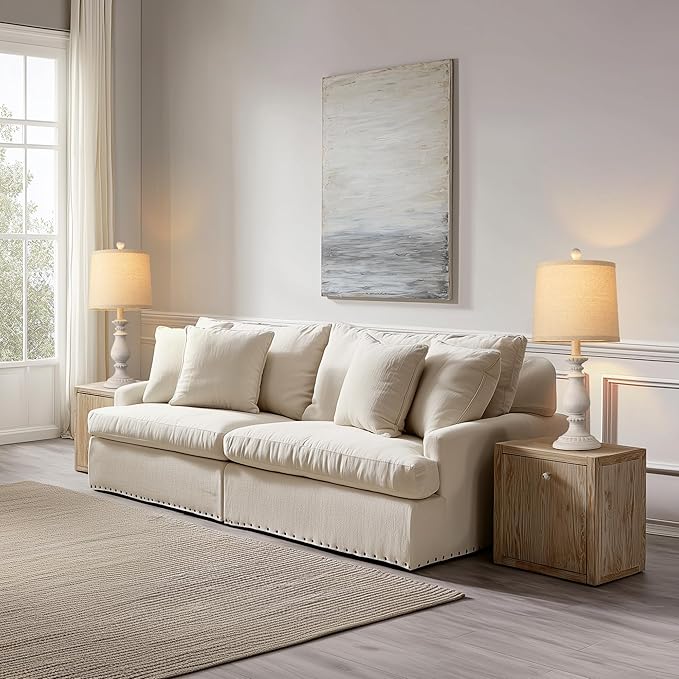 QiMH Farmhouse Table Lamp Set of 2, Rustic Table Lamps for Living Room, Vintage Nightstand Lamp with Rotary Switch, Beside Lamps for Bedroom, Traditional Table Lamps with Linen Shade, Antique White