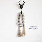 CVHOMEDECO. Wood Beads Garland with Tassels Farmhouse Rustic Wooden Prayer Bead String Wall Hanging Accent for Home Festival Decor. Grey Mix Distressed
