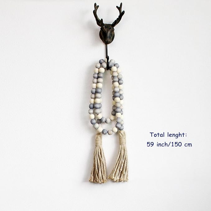 CVHOMEDECO. Wood Beads Garland with Tassels Farmhouse Rustic Wooden Prayer Bead String Wall Hanging Accent for Home Festival Decor. Grey Mix Distressed