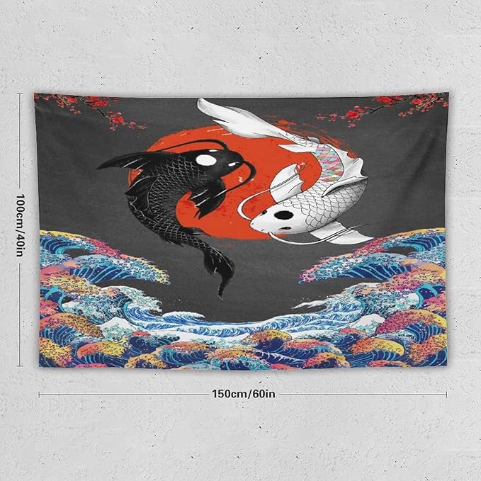 Houselerax Japanese Koi Fish Tapestries, Yin Yang Big Wave Cherry Blossom Tapestry Wall Hanging for Bedroom Living Room Office Decor 60"x40"