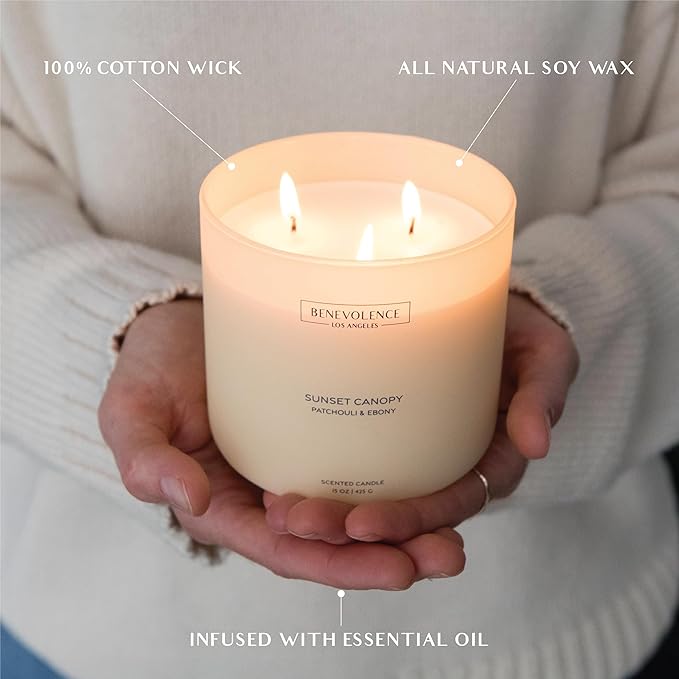 Patchouli & Ebony – Benevolence LA 3-Wick Fall Scented Candle for Home | 15oz, 50-Hour Burn | Natural Soy Wax | Warm & Grounding Autumn Home Fragrance | Malibu Sands Collection – Gift for Women & Men
