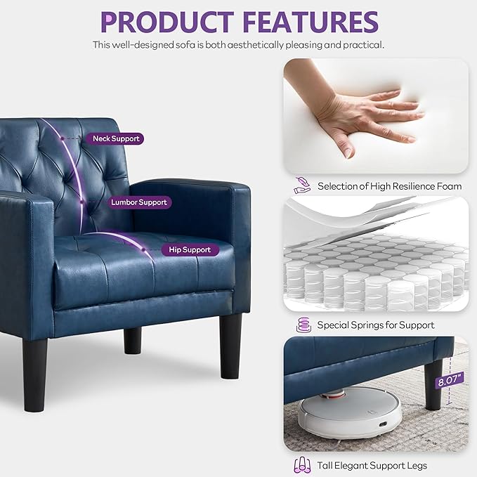 TYBOATLE Accent Chair Comfy Living Room Chair Leather Tufted Mid Century Modern Accent Chair, Small Cozy Reading Arm Chair for Office, Bedroom (1, Blue)