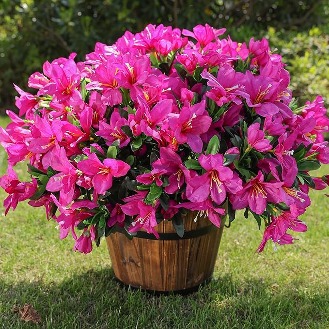 Artificial Flowers for Outdoors, 3 Bundles Fake Silk Azalea Bouquet Faux Flower Plants Outside Decoration UV Resistant Realistic Fake Flowers for Planter Front Door Patio Garden Walkways Home, Fuchsia