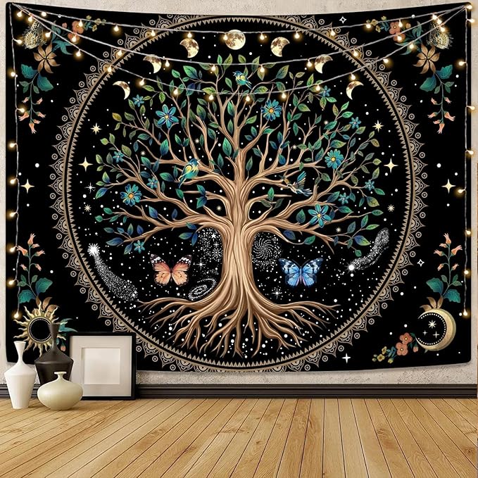 Lunerfex Tree of Life Tapastry Sun and Moon Tapastry Flower Boho Tree Mandala Wall Hanging for Bedroom and Living Room Decor Green Tree 36×48 Inches