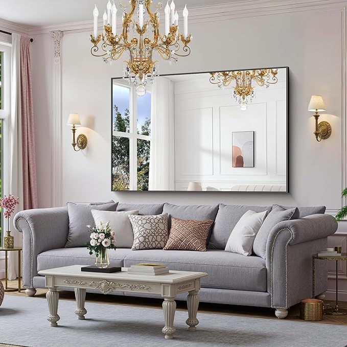 YIROMAN Bathroom Mirror 60"x36", Large Matte Black Bathroom Mirror for Over Sink with Aluminum Frame, Rectangular Vanity Mirror with Right Angle, Wall Mirror Hangs Horizontal or Vertical, Shatterproof