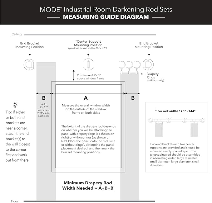 MODE Industrial Room Darkening Collection 1 1/8" Diameter Industrial Curtain Rod Set with Steel Wall Mounted Adjustable Curtain Rod, Blocks Light, Fits 72” to 144” Windows, Brushed Nickel