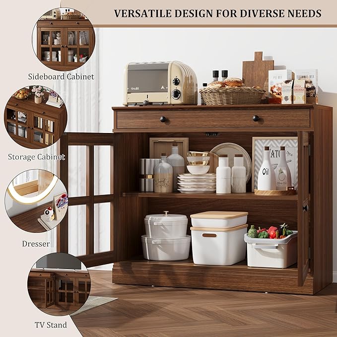 GarveeHome 35.4 in Sideboard Buffet Cabinets with Glass Door, Buffet Cabinet with Storage, Walnut Sideboard Cabinet with Drawer, Modern Buffets & Sideboards for Dining Room, Kitchen