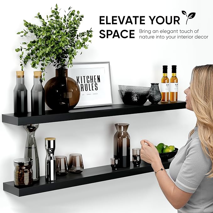 Homeforia Floating Black Shelf 60 inch, High End Solid Real Wood 60 inches Long Floating Shelves for Wall, Black Wooden 60inch Large Floating Shelves, Heavy Duty Bracket, 60 X 6.5 X 1.75 in, Set of 3