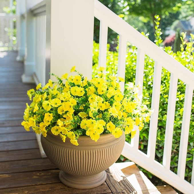 Artificial Mums for Outdoors Fake Fall Flowers Plants for Autumn Decoration, 12 Bundles Silk Morning Glory with Eucalyptus Look Real UV Resistant Yellow Faux Mums for Outside Planters Front Door Yard