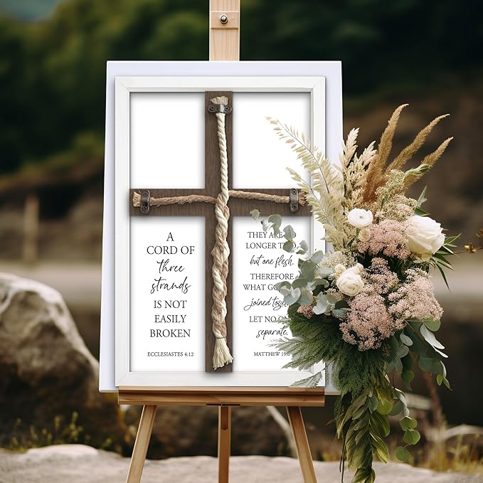 flowtorely A Cord of Three Strands Wedding Ceremony Unity Wall Decor 15"X10" Matthew 19 6 Christian Marriage Prayer Cross Sign Framed Wall Hanging Art (White)