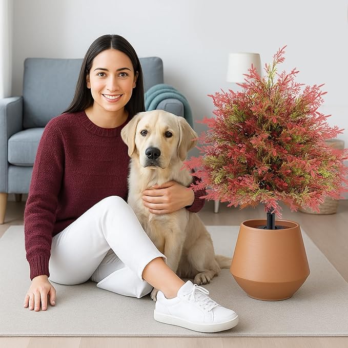 Artificial Topiary Ball Trees with Ground Spikes UV Resistant Faux Greenery Shrubs Fake Shrubs for Outdoors, Realistic Faux Plants Bushes for Garden Porch Yard Patio Decor (Red Green Cedar)