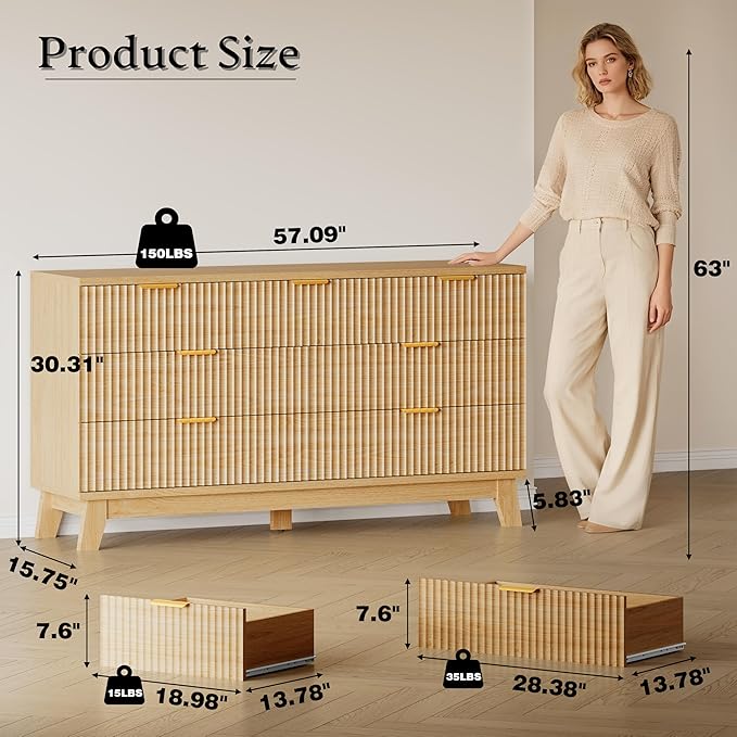 57" Long Dresser for Bedroom, 7-Drawer Fluted Chest, Wide Wood Storage Dresser with Metal Slides and Handles, Stable Base, Modern Clothes Organizer for Primary Suite, Guest Room, Nursery