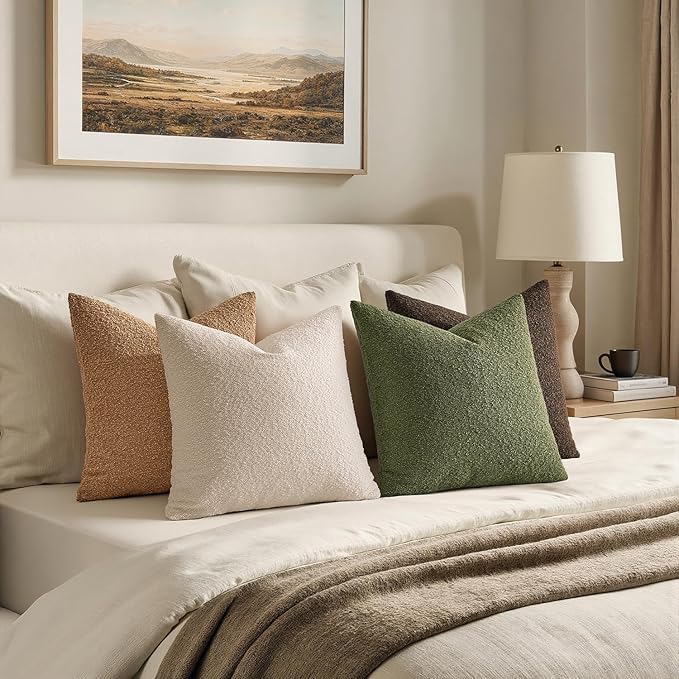 MIULEE Pack of 4 Decorative Textured Boucle Throw Pillow Covers 20x20 Inch Green Brown Accent Solid Pillow Cases Soft Couch Cushion Covers Modern Farmhouse Boho Chair Sofa Bed Livingroom Home Decor