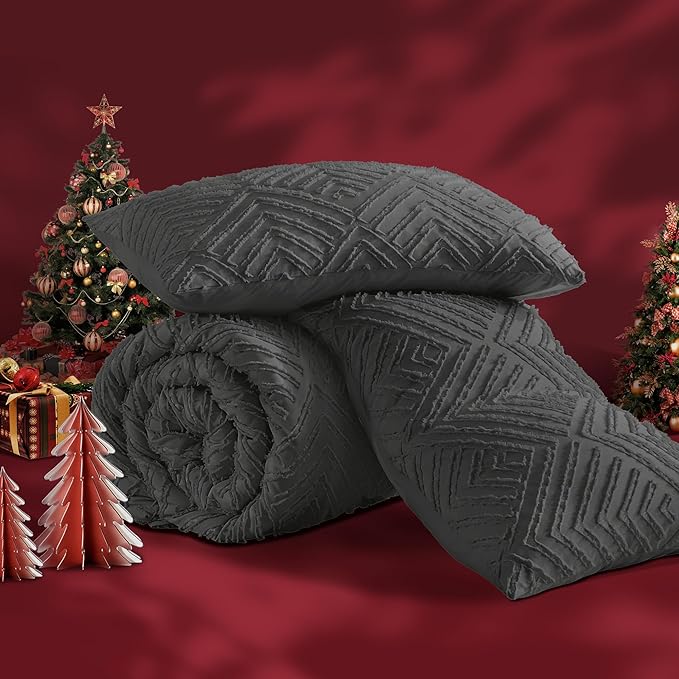 Andency Dark Grey Comforter Set Queen, Gray Lightweight Fluffy Bedding Comforter Sets for Queen Bed, 3 Pieces Tufted Farmhouse Shabby Chic Bed Set for All Seasons (1 Comforter 90x90In, 2 Pillowcases)