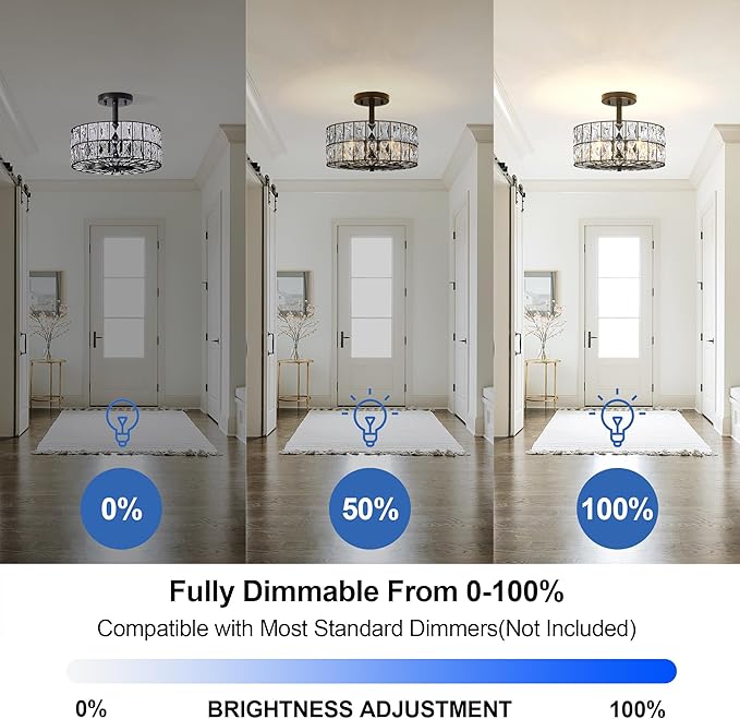 Modern Crystal Pendant Light Fixture Farmhouse Round Semi Flush Mount Ceiling Lights, Drum Shade 3LT Ceiling Lamp for Kitchen Island Dinning Room Bedroom, Hallway Black Finish
