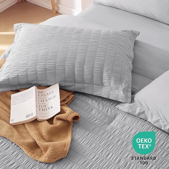 MUXHOMO 7 Pieces Full Comforter Set, Seersucker Bed in a Bag Full Size, All Season Luxury Bedding Set with Comforter, Flat Sheet, Fitted Sheet, Pillowcases & Shams, Light Grey