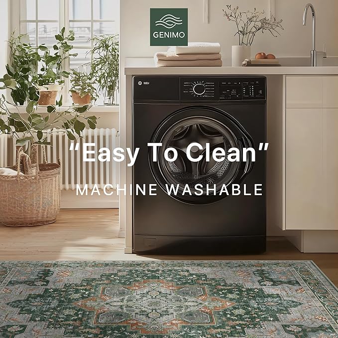 GENIMO 2x5 Runner Rugs for Hallway, Machine Washable Non Slip Vintage Rugs, Low Pile Lightweight Soft Print Rug for enrtyway, Corridor, Home Office, Kitchen,Pine Green