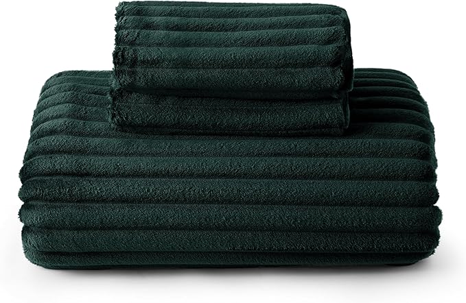 Bedsure Fluffy Duvet Cover Set - Ultra Soft Plush Shaggy Comforter Cover Queen Size, Warm Flannel Fleece Bed Sets for Winter, 3 Pieces (Striped Pattern, Forest Green)