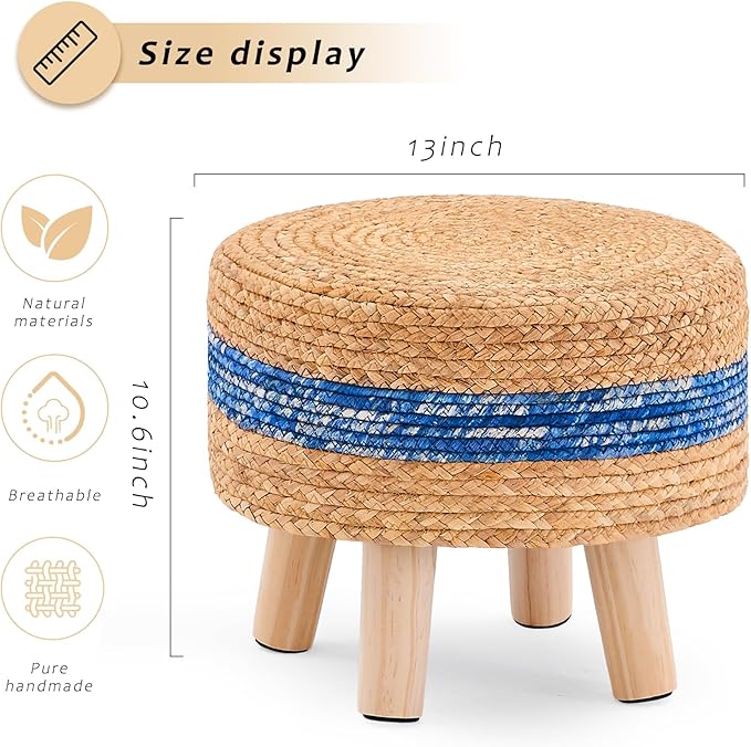 Handwoven Round Ottoman, Natural Water Hyacinth Outdoor Patio Pouf Seagrass Low Stool with Wood Legs, Soft Padded Footrest for Living Room Bedroom Garden, Blue