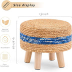 Handwoven Round Ottoman, Natural Water Hyacinth Outdoor Patio Pouf Seagrass Low Stool with Wood Legs, Soft Padded Footrest for Living Room Bedroom Garden, Blue
