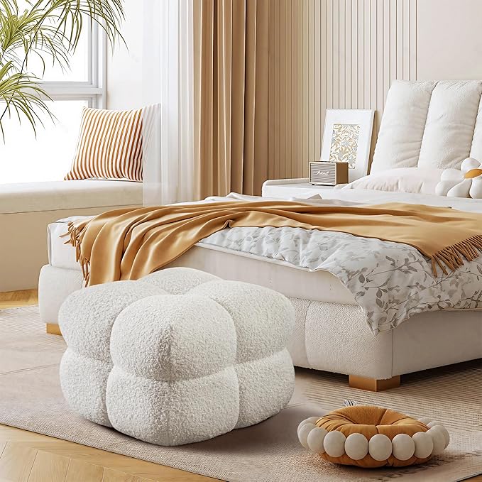 ONEVOG 21" Cream White Modern Ottoman, Square Fuzzy Couch Sherpa Pouf Ottoman, Tufted Fluffy Boucle Fabric Foot Stools, Upholsered Footrest & Coffee Table for Living Room Bedroom, Cute Pouf Home Decor