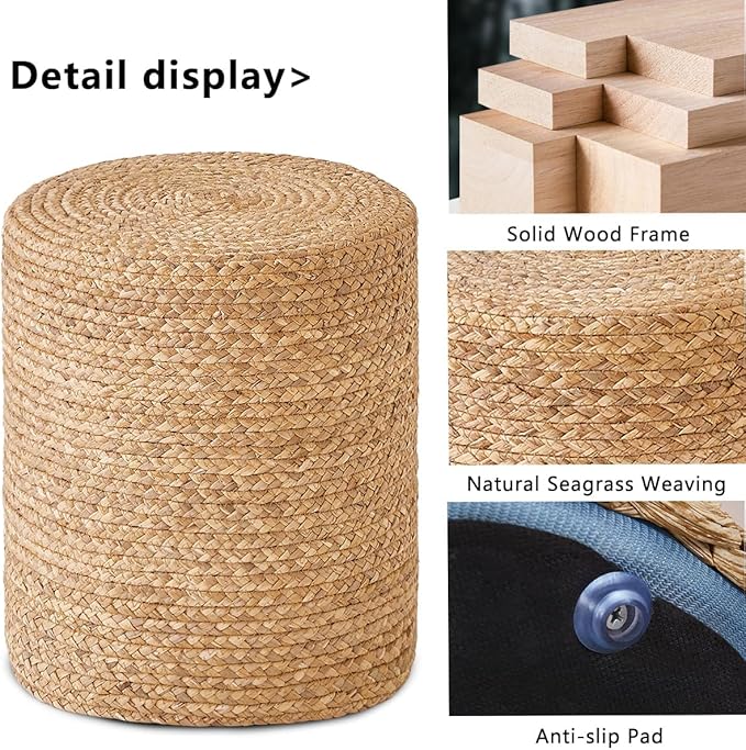 Wimarsbon Round Pouf Ottoman with Wood Frame, Handwoven Natural Water Hyacinth Seagrass Pouffe,Outdoor Rattan Stool Accent Seat, Bohemian Coastal Home Decor (14inch Natural Water Hyacinth)