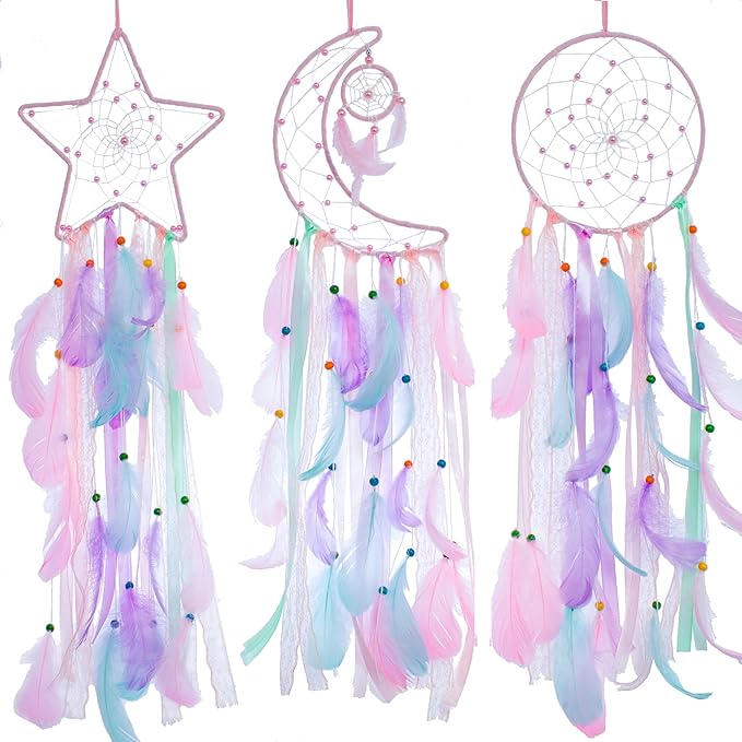 3 Pack Pink Star Moon Sun Dream Catcher - Pink Dream Catchers for Girls Room Decor, Teen Girl Room Decor, Grils Bedroom Decor,Gril Room Decor,Teen Room Decor for Girls