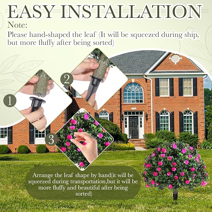 Yunlly Set of 2 Artificial Boxwood Topiary Ball Tree Fake Bushes Shrubs Outdoor Faux Plant with Ground Spike Flowers UV Resistance Greenery for Front Porch Garden Patio Indoor(Pink,18x10inch)