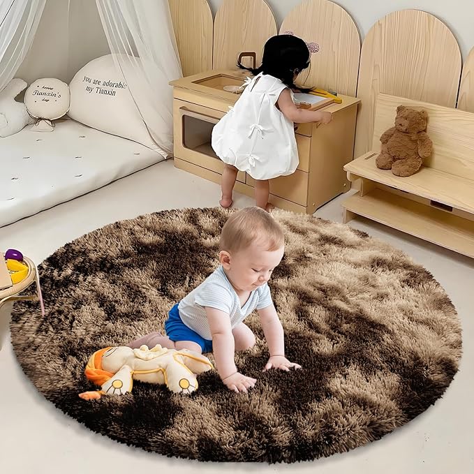 Fluffy Round Rug,Soft Area Rugs for Girls Room,Shaggy Rugs 6'X6' for Living Room,Non Slip Circle Rug for Kids Bedroom,Shag Plush Nursery Carpets,Fuzzy Rug for Dorm,Room Decor Carpet,Tie-Dyed Coffee