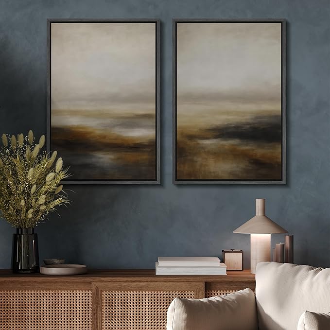SIGNFORD Framed Canvas Print Wall Art Set Abstract Neutral Landscape Modern Beige and Brown Illustration Modern Art Decorative Nordic Nature for Living Room, Bedroom, Office - 24"x36"x2 Black