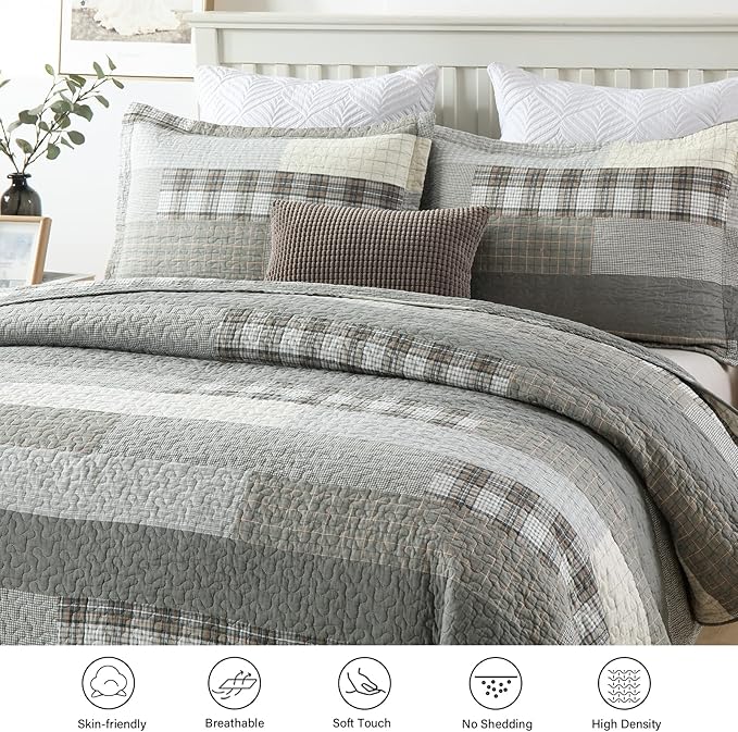 Y-PLWOMEN Quilt King Size - 100% Cotton Grey King Quilt Farmhouse Plaid Quilted Bedspread, 3 Pieces Lightweight Reversible King Size Quilt Bedding Set for All Season