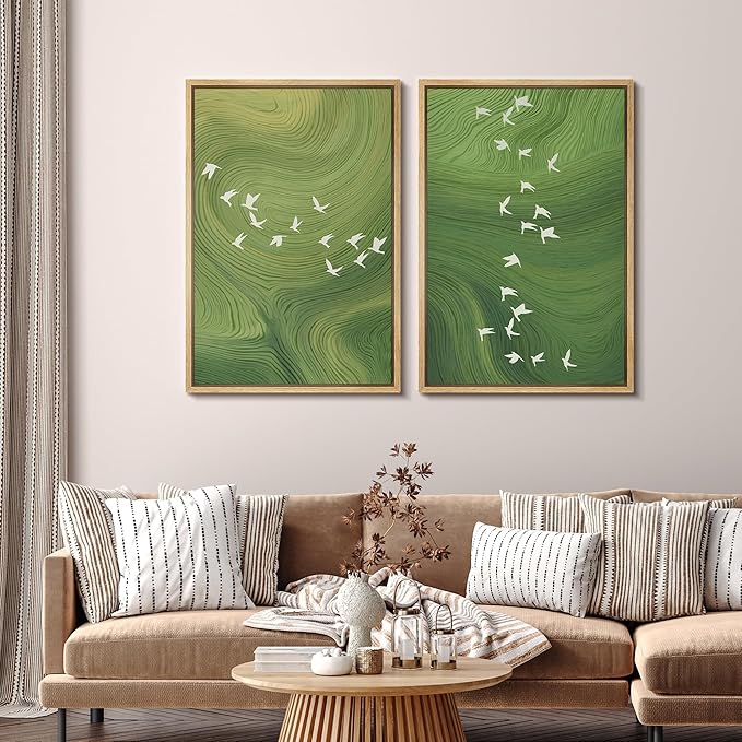 SIGNFORD Framed Canvas Print Wall Art Set Green Swirl Abstract White Birds Illustration Modern Art Decorative Nordic Nature for Living Room, Bedroom, Office - 16"x24"x2 Natural
